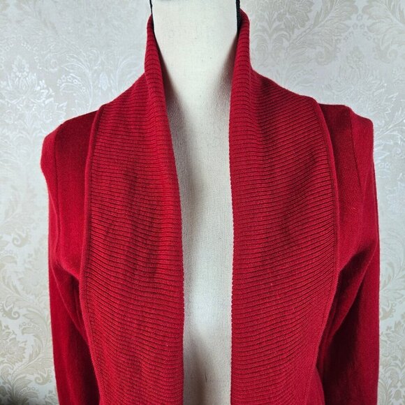 BCBGMaxAzria Size Medium Red 100% Merino Wool Sweater Cardigan Waist Tie Belt - Picture 2 of 11
